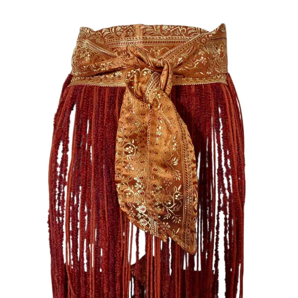 NWOT Handcrafted Tribal Bellydance Two-Panel Skirt Orange Gold Brocade Fringe OS